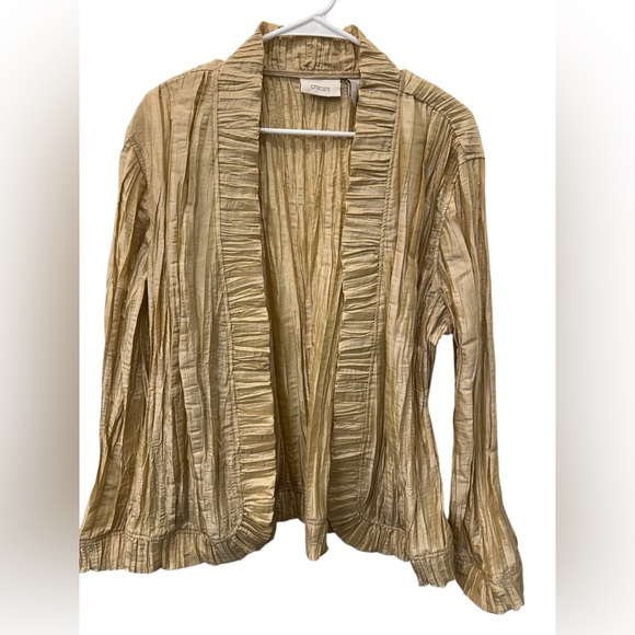 Chico's Gold Royal Ruffle Rhea Crinkle Jacket Size 3 (L/XL) EUC - Picture 2 of 5